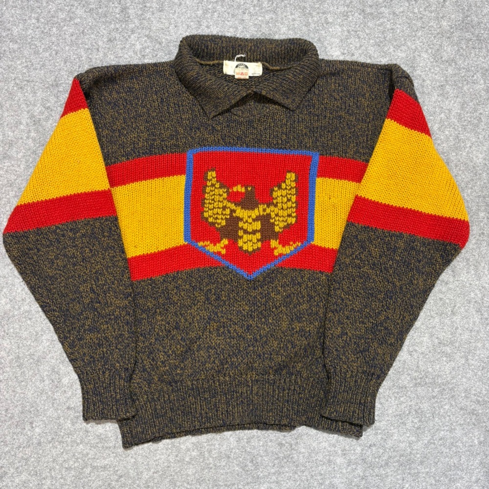 Vintage Three Seventeen Eagle Crest Knit Polo Sweater Men Large Olive Red Yellow